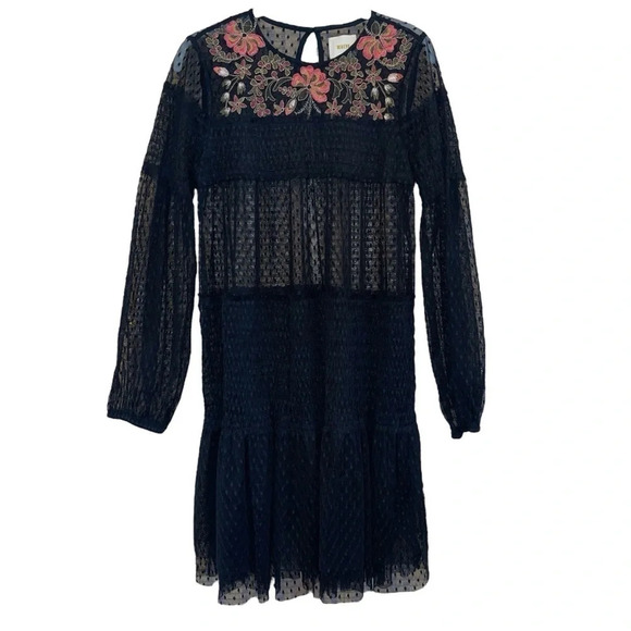 Maeve Floral Dress Women’s S Embroidered Whimsigoth Sheer Smocked Black Lace - Picture 1 of 13